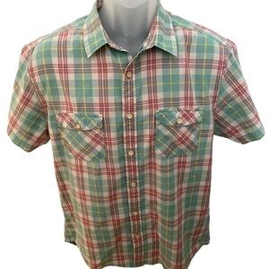 QUIKSILVER Surf Green, Light Red & Yellow Plaid Shirt Men M Medium Modern Fit